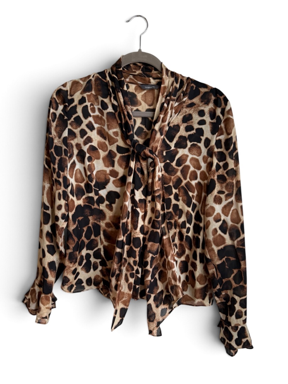 Liz Claiborne 100% Silk Giraffe Animal Print Tie Neck Blouse Brown Black M - Picture 2 of 10